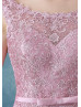 Scoop Neck Pink Lace Satin Knee Length Prom Dress